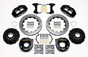 Wilwood Forged Narrow Superlite 4R Big Brake Rear Parking Brake Kit Parts Laid Out - Black Powder Coat Caliper - SRP Drilled & Slotted Rotor