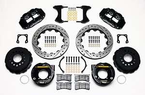 Wilwood Forged Narrow Superlite 4R Big Brake Rear Parking Brake Kit Parts Laid Out - Black Powder Coat Caliper - SRP Drilled & Slotted Rotor