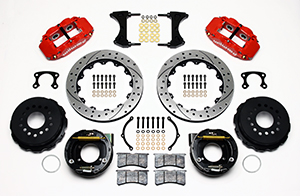 Wilwood Forged Narrow Superlite 4R Big Brake Rear Parking Brake Kit Parts Laid Out - Red Powder Coat Caliper - SRP Drilled & Slotted Rotor