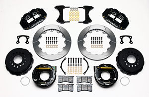 Wilwood Forged Narrow Superlite 4R Big Brake Rear Parking Brake Kit Parts Laid Out - Black Powder Coat Caliper - GT Slotted Rotor