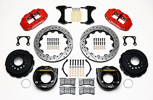 Wilwood Forged Narrow Superlite 4R Big Brake Rear Parking Brake Kit Parts Laid Out - Red Powder Coat Caliper - SRP Drilled & Slotted Rotor