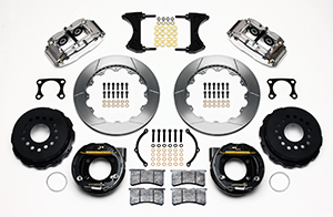 Wilwood Forged Narrow Superlite 4R Big Brake Rear Parking Brake Kit Parts Laid Out - Polish Caliper - GT Slotted Rotor