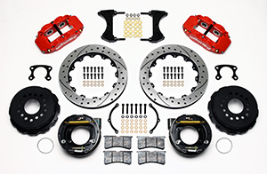 Wilwood Forged Narrow Superlite 4R Big Brake Rear Parking Brake Kit Parts Laid Out - Red Powder Coat Caliper - SRP Drilled & Slotted Rotor