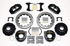 Wilwood Forged Narrow Superlite 4R Big Brake Rear Parking Brake Kit Parts Laid Out - Black Powder Coat Caliper - SRP Drilled & Slotted Rotor