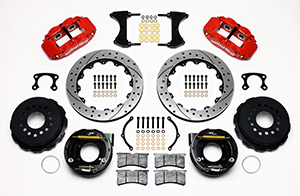 Wilwood Forged Narrow Superlite 4R Big Brake Rear Parking Brake Kit Parts Laid Out - Red Powder Coat Caliper - SRP Drilled & Slotted Rotor