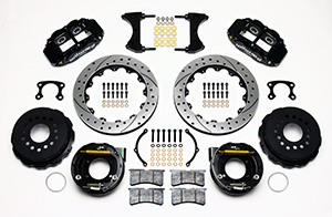 Wilwood Forged Narrow Superlite 4R Big Brake Rear Parking Brake Kit Parts Laid Out - Black Powder Coat Caliper - SRP Drilled & Slotted Rotor