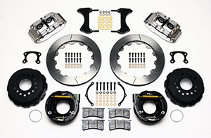 Wilwood Forged Narrow Superlite 4R Big Brake Rear Parking Brake Kit Parts Laid Out - Polish Caliper - GT Slotted Rotor