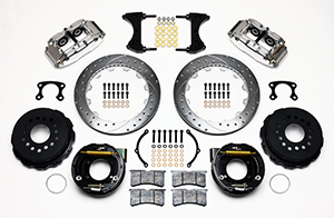 Wilwood Forged Narrow Superlite 4R Big Brake Rear Parking Brake Kit Parts Laid Out - Polish Caliper - SRP Drilled & Slotted Rotor