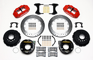 Wilwood Forged Narrow Superlite 4R Big Brake Rear Parking Brake Kit Parts Laid Out - Red Powder Coat Caliper - SRP Drilled & Slotted Rotor