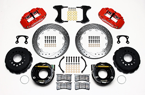 Wilwood Forged Narrow Superlite 4R Big Brake Rear Parking Brake Kit Parts Laid Out - Red Powder Coat Caliper - SRP Drilled & Slotted Rotor