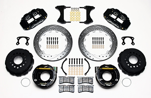 Wilwood Forged Narrow Superlite 4R Big Brake Rear Parking Brake Kit Parts Laid Out - Black Powder Coat Caliper - SRP Drilled & Slotted Rotor