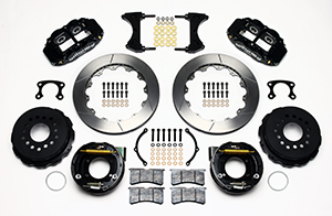 Wilwood Forged Narrow Superlite 4R Big Brake Rear Parking Brake Kit Parts Laid Out - Black Powder Coat Caliper - GT Slotted Rotor