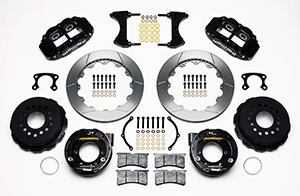 Wilwood Forged Narrow Superlite 4R Big Brake Rear Parking Brake Kit Parts Laid Out - Black Powder Coat Caliper - GT Slotted Rotor