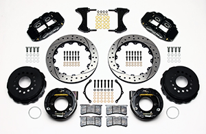 Wilwood Forged Narrow Superlite 4R Big Brake Rear Parking Brake Kit Parts Laid Out - Black Powder Coat Caliper - SRP Drilled & Slotted Rotor