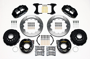 Wilwood Forged Narrow Superlite 4R Big Brake Rear Parking Brake Kit Parts Laid Out - Black Powder Coat Caliper - GT Slotted Rotor