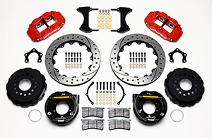 Wilwood Forged Narrow Superlite 4R Big Brake Rear Parking Brake Kit Parts Laid Out - Red Powder Coat Caliper - SRP Drilled & Slotted Rotor