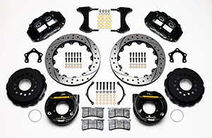 Wilwood Forged Narrow Superlite 4R Big Brake Rear Parking Brake Kit Parts Laid Out - Black Powder Coat Caliper - SRP Drilled & Slotted Rotor