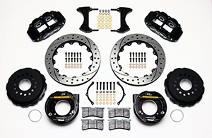 Wilwood Forged Narrow Superlite 4R Big Brake Rear Parking Brake Kit Parts Laid Out - Black Powder Coat Caliper - SRP Drilled & Slotted Rotor