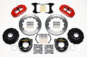 Wilwood Forged Narrow Superlite 4R Big Brake Rear Parking Brake Kit Parts Laid Out - Red Powder Coat Caliper - GT Slotted Rotor