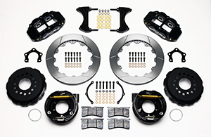 Wilwood Forged Narrow Superlite 4R Big Brake Rear Parking Brake Kit Parts Laid Out - Black Powder Coat Caliper - GT Slotted Rotor