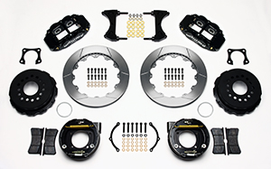 Wilwood Forged Narrow Superlite 4R Big Brake Rear Parking Brake Kit Parts Laid Out - Black Powder Coat Caliper - GT Slotted Rotor