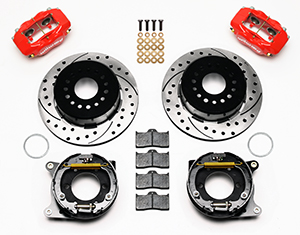 Wilwood Forged Dynalite Rear Parking Brake Kit Parts Laid Out - Red Powder Coat Caliper - SRP Drilled & Slotted Rotor