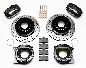 Wilwood Forged Dynalite Rear Parking Brake Kit Parts Laid Out - Black Powder Coat Caliper - SRP Drilled & Slotted Rotor