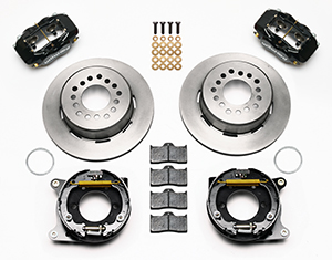 Wilwood Forged Dynalite Rear Parking Brake Kit Parts Laid Out - Black Powder Coat Caliper - Plain Face Rotor