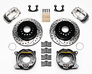 Wilwood Forged Dynalite Rear Parking Brake Kit Parts Laid Out - Polish Caliper - SRP Drilled & Slotted Rotor