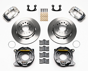 Wilwood Forged Dynalite Rear Parking Brake Kit Parts Laid Out - Polish Caliper - Plain Face Rotor