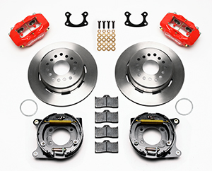 Wilwood Forged Dynalite Rear Parking Brake Kit Parts Laid Out - Red Powder Coat Caliper - Plain Face Rotor