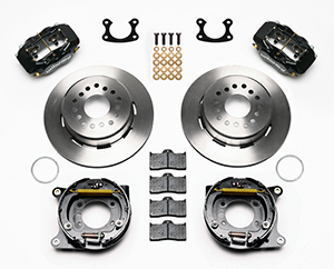 Wilwood Forged Dynalite Rear Parking Brake Kit Parts Laid Out - Black Powder Coat Caliper - Plain Face Rotor