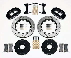 Wilwood Forged Narrow Superlite 6R Big Brake Front Brake Kit (Hat) Parts Laid Out - Black Powder Coat Caliper - SRP Drilled & Slotted Rotor