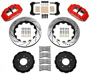 Wilwood Forged Narrow Superlite 6R Big Brake Front Brake Kit (Hat) Parts Laid Out - Red Powder Coat Caliper - SRP Drilled & Slotted Rotor