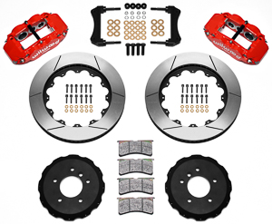 Wilwood Forged Narrow Superlite 6R Big Brake Front Brake Kit (Hat) Parts Laid Out - Red Powder Coat Caliper - GT Slotted Rotor