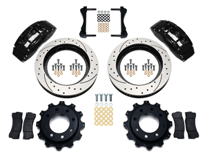 Wilwood TC6R Big Brake Truck Rear Brake Kit Parts Laid Out - Black Powder Coat Caliper - SRP Drilled & Slotted Rotor