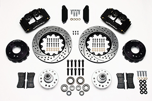 Wilwood Forged Superlite 4 Big Brake Front Brake Kit (Hub) Parts Laid Out - Type III Anodize Caliper - SRP Drilled & Slotted Rotor