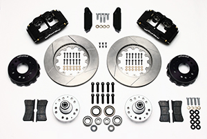 Wilwood Forged Superlite 4 Big Brake Front Brake Kit (Hub) Parts Laid Out - Type III Anodize Caliper - GT Slotted Rotor