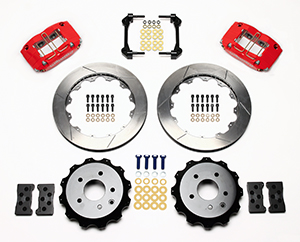 Wilwood Dynapro Radial Rear Brake Kit For OE Parking Brake Parts Laid Out - Red Powder Coat Caliper - GT Slotted Rotor