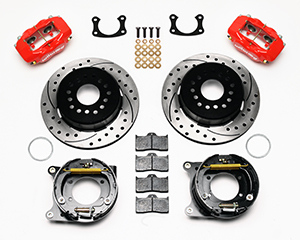Wilwood Forged Dynalite Rear Parking Brake Kit Parts Laid Out - Red Powder Coat Caliper - SRP Drilled & Slotted Rotor