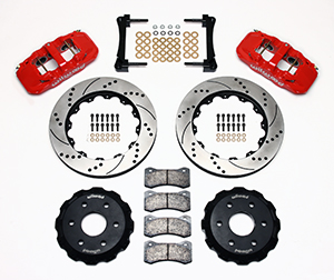 Wilwood AERO6 Big Brake Truck Front Brake Kit Parts Laid Out - Red Powder Coat Caliper - SRP Drilled & Slotted Rotor