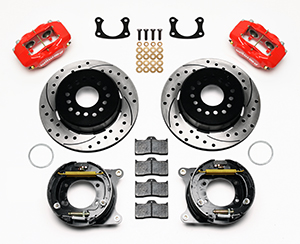 Wilwood Forged Dynalite Rear Parking Brake Kit Parts Laid Out - Red Powder Coat Caliper - SRP Drilled & Slotted Rotor