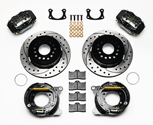 Wilwood Forged Dynalite Rear Parking Brake Kit Parts Laid Out - Black Powder Coat Caliper - SRP Drilled & Slotted Rotor