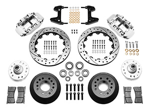 Wilwood Forged Narrow Superlite 6R Big Brake Front Brake Kit (Hub) Parts Laid Out - Polish Caliper - SRP Drilled & Slotted Rotor