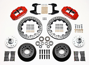 Wilwood Forged Narrow Superlite 6R Big Brake Front Brake Kit (Hub) Parts Laid Out - Red Powder Coat Caliper - SRP Drilled & Slotted Rotor