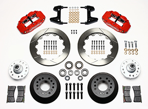 Wilwood Forged Narrow Superlite 6R Big Brake Front Brake Kit (Hub) Parts Laid Out - Red Powder Coat Caliper - GT Slotted Rotor