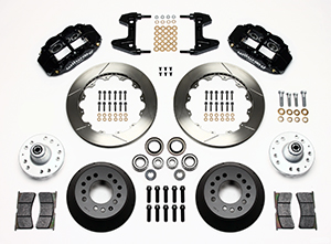 Wilwood Forged Narrow Superlite 6R Big Brake Front Brake Kit (Hub) Parts Laid Out - Black Powder Coat Caliper - GT Slotted Rotor