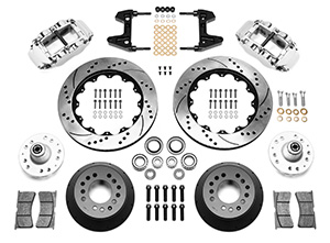 Wilwood Forged Narrow Superlite 6R Big Brake Front Brake Kit (Hub) Parts Laid Out - Polish Caliper - SRP Drilled & Slotted Rotor