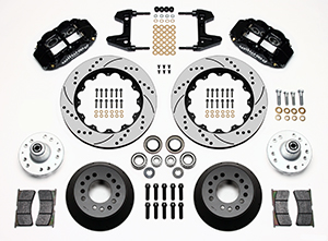 Wilwood Forged Narrow Superlite 6R Big Brake Front Brake Kit (Hub) Parts Laid Out - Black Powder Coat Caliper - SRP Drilled & Slotted Rotor