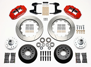 Wilwood Forged Narrow Superlite 6R Big Brake Front Brake Kit (Hub) Parts Laid Out - Red Powder Coat Caliper - GT Slotted Rotor